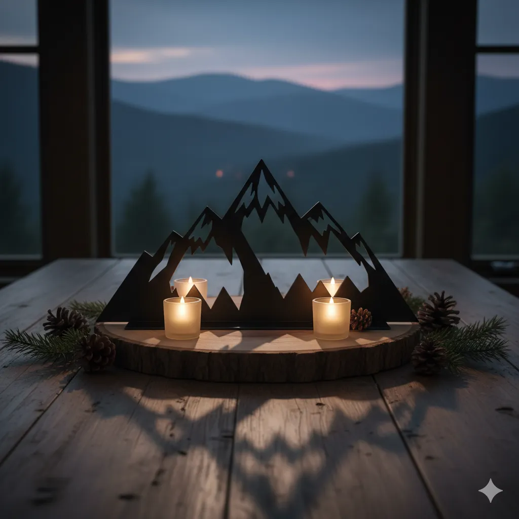 Mountain silhouette centerpiece on wooden table