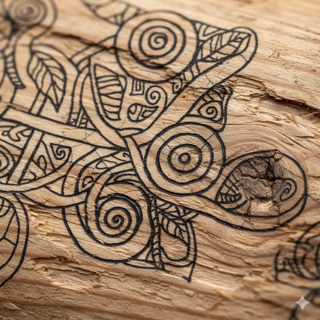 Close-up detail of hand-drawn pattern on wood