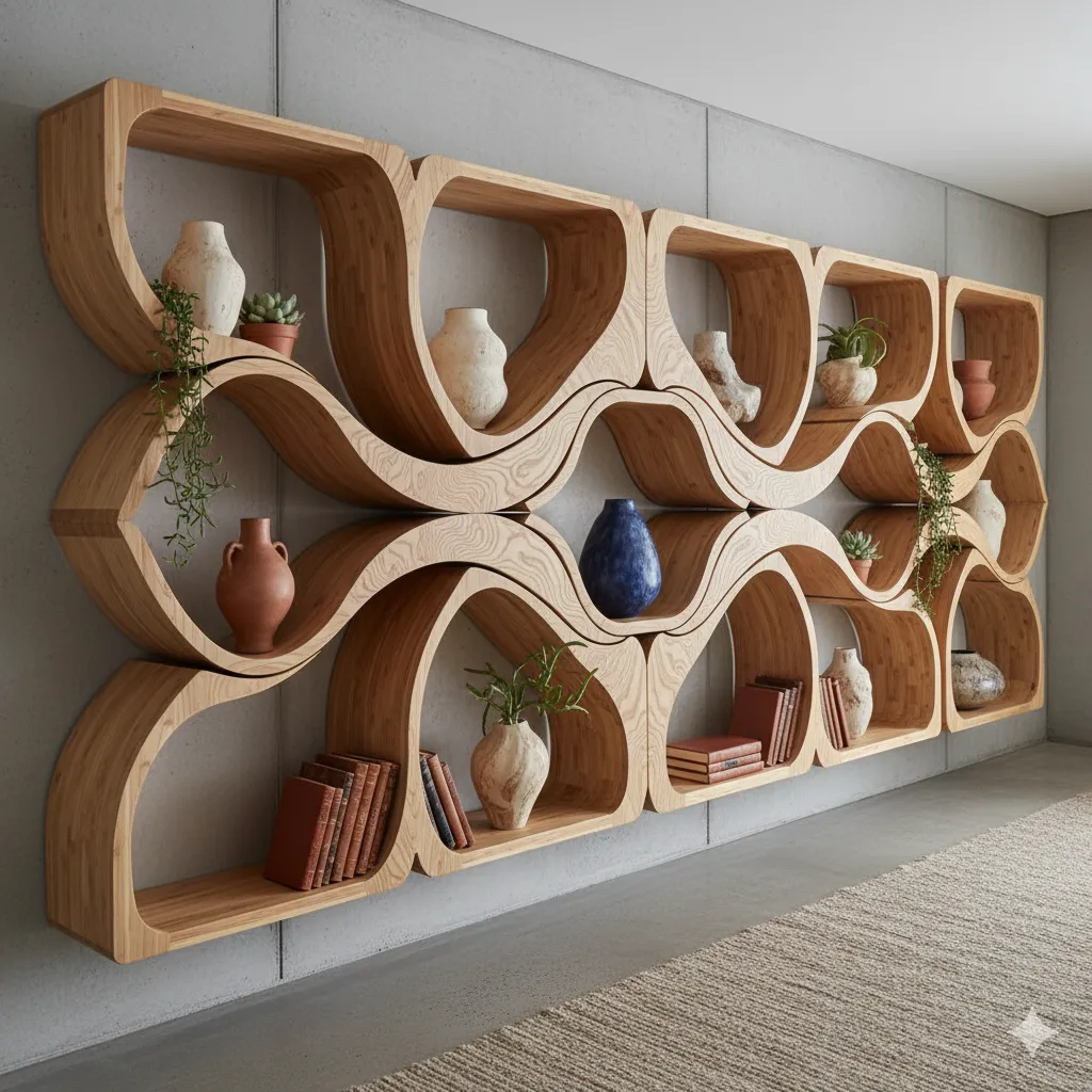 Modular wooden shelf with flowing design pattern