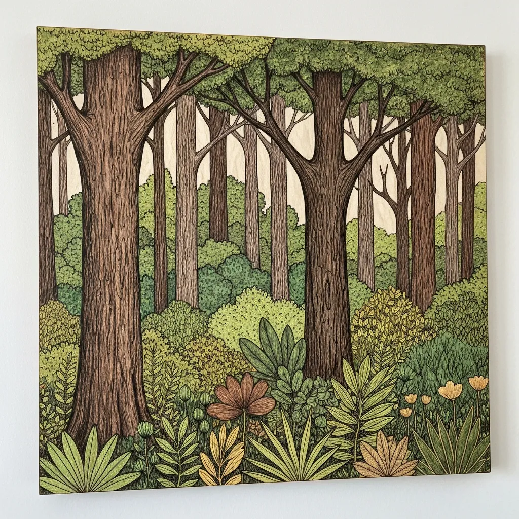 Hand-drawn forest wall art in natural wood finish