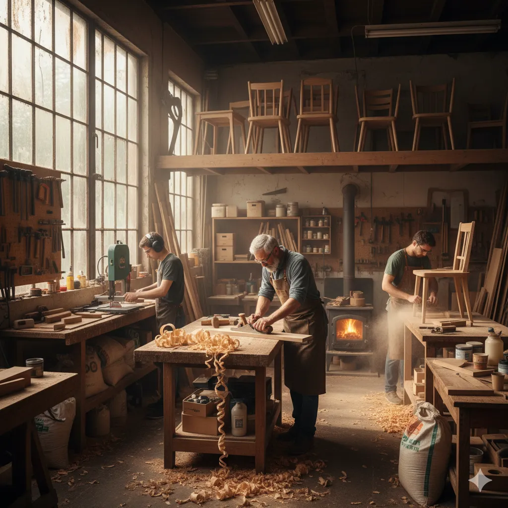 Workshop scene showing wood crafting process