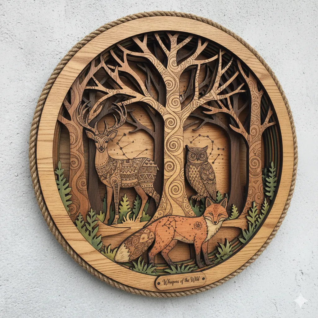Handcrafted wooden forest-themed wall art with hand-drawn patterns