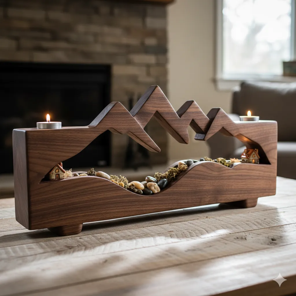 Handcrafted wooden table centerpiece with mountain silhouette design
