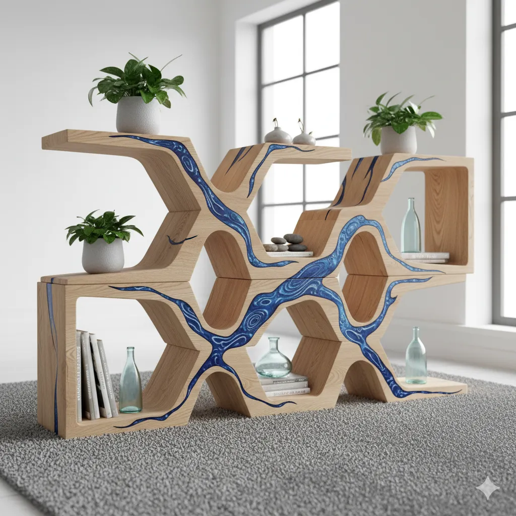 Modular wooden shelf with flowing river design pattern